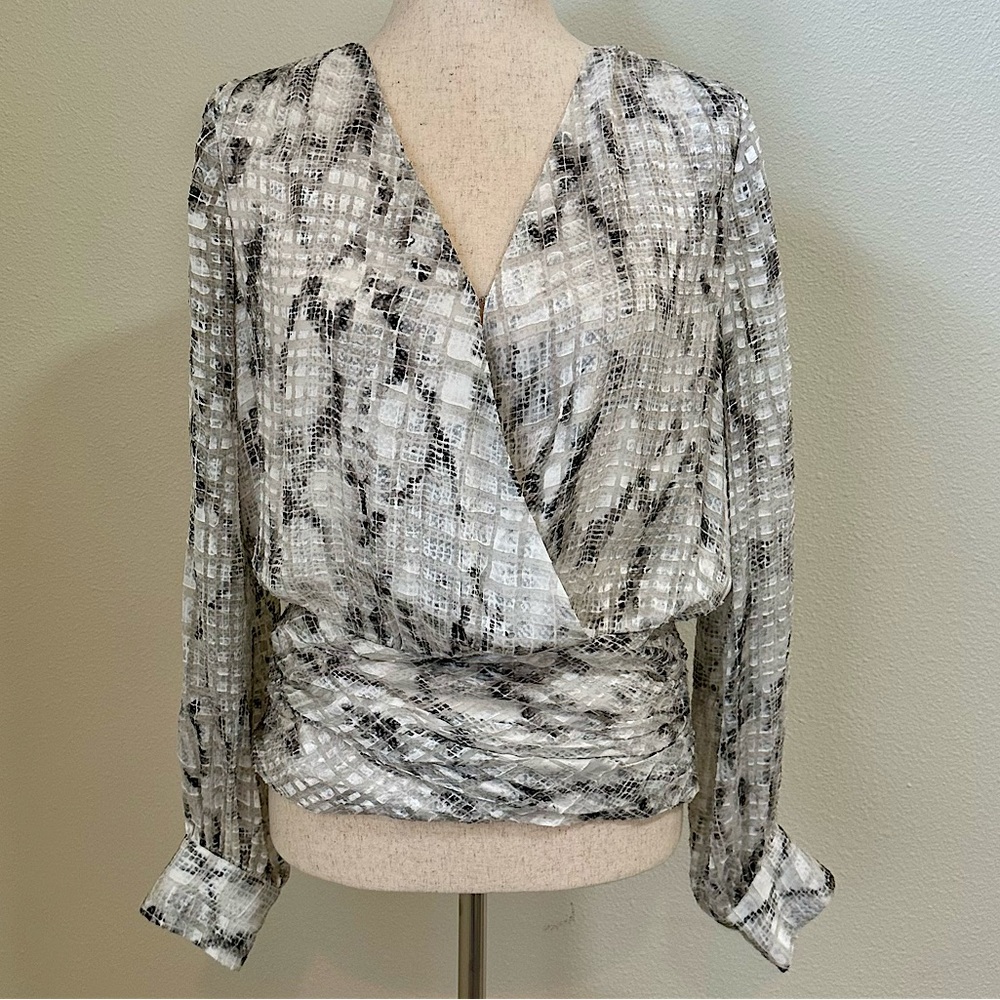 Stunning White House Black Market Silk Surplice Blouse with Fitted Bottom.